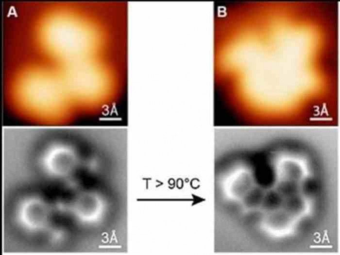 Επάνω, απεικονίσεις μιας αντίδρασης με μικροσκόπιο σήραγγας (STM)/ Στο κέντρο οι νέες εικόνες με το μικροσκόπιο ατομικής δύναμης nc-AFM